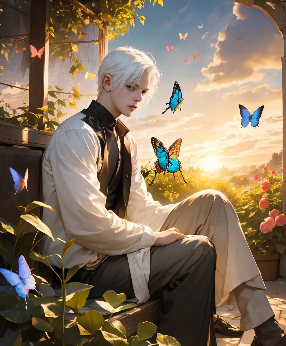 dynamic angle, splash art, high definition, full body, guy with white hair, sitting, surrounded by butterflies in a garden, soft boy, short hair, sunset lighting, dramatic lighting, looking at camera, young boy, light on face