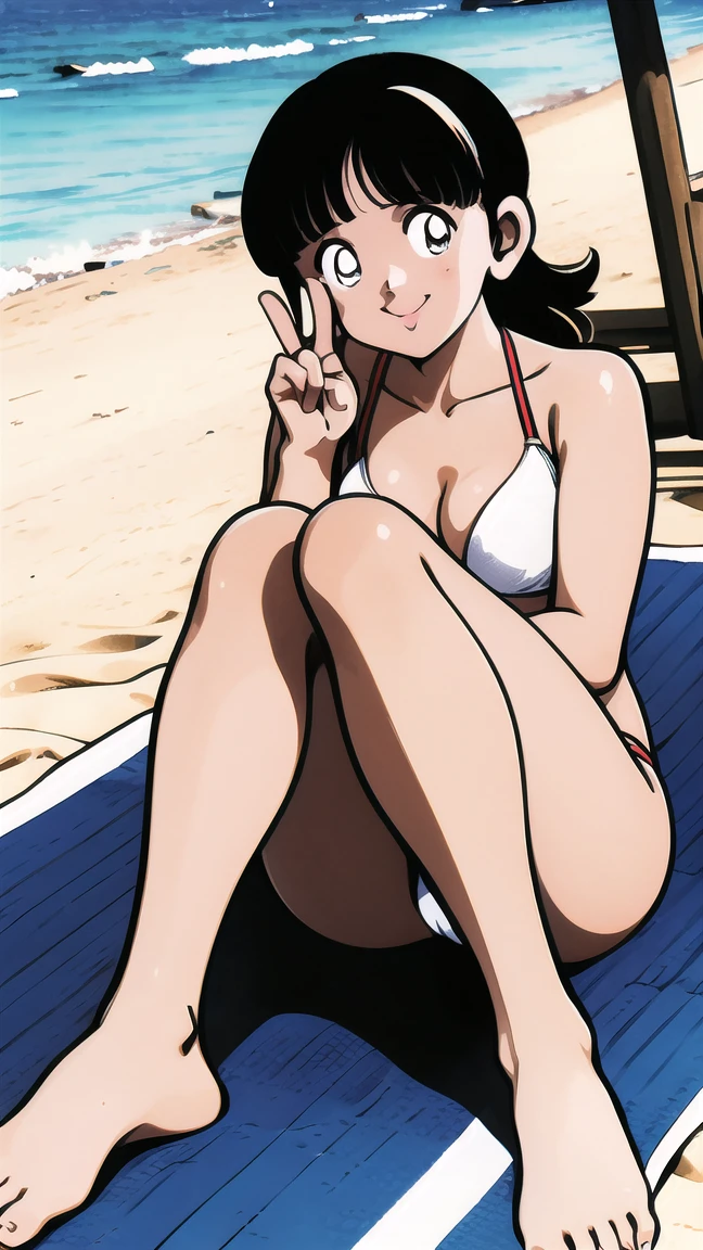 ((((character:asakura minami:1.4)))),((masterpiece)),((highest quality)),Super detailed,(thin entire outline),enlightenment,explicit,1girl,solo,black hair,medium hair,black eyes,small nose,perfect body,beautiful body,beautiful character design,perfect eyes,perfect face,((happy smile)),small open mouth,(enjoy,having fun:1.2),perspiration,wallpaper,ultra high resolution,8k,photo shoot,(beautiful medium breast:1.2),beautiful legs,perfect feet,beautiful skin,fair skin,smooth skin,official style,official art,make a screen cap,outdoor,((summer beach)),sunshine,bright lighting,(white bikinis),(split legs:1.2),peace sign,