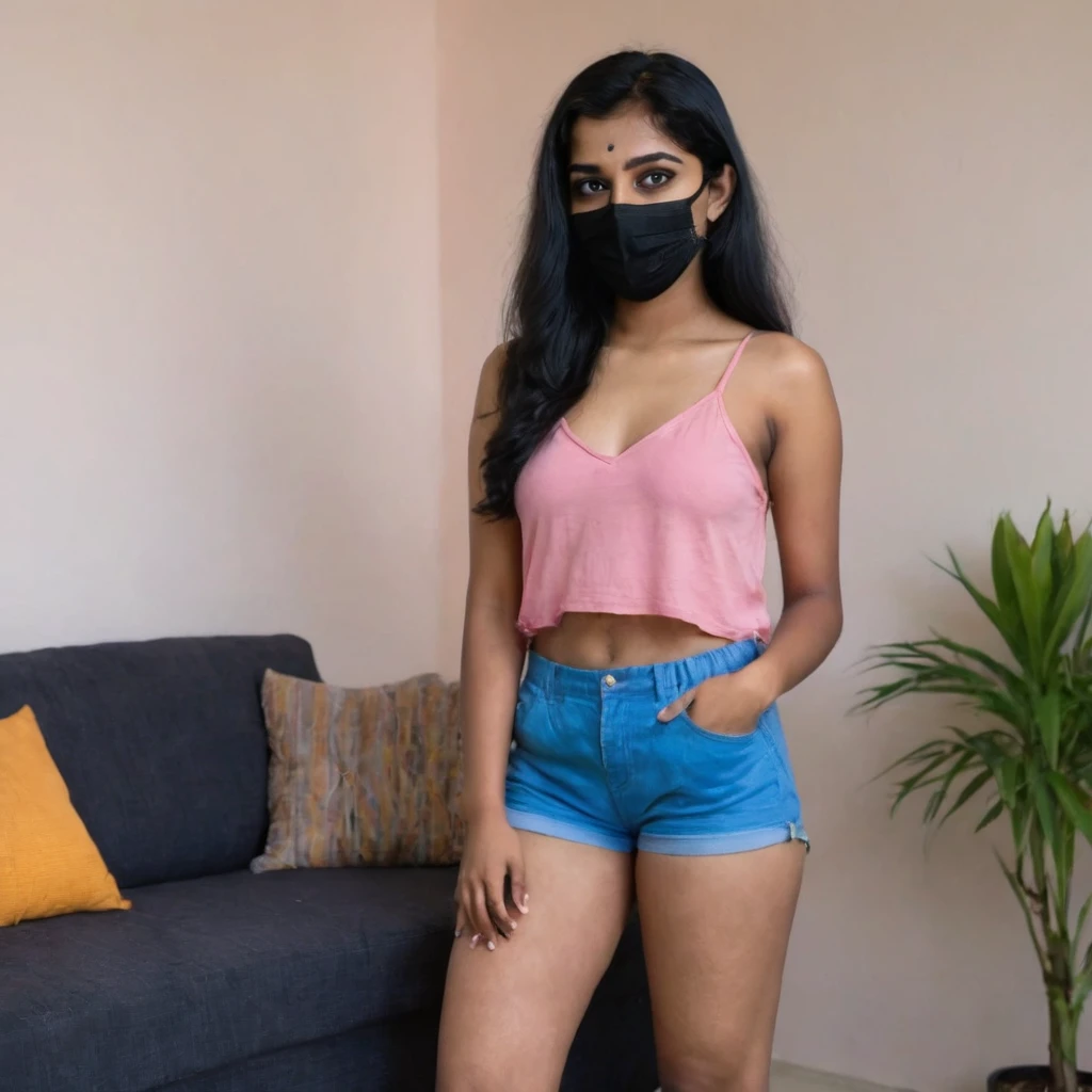 Full body shot of a 19 year old medium size Indian girl in pink shorts and blue top, wearing a black mask, at home, cleavage visible.