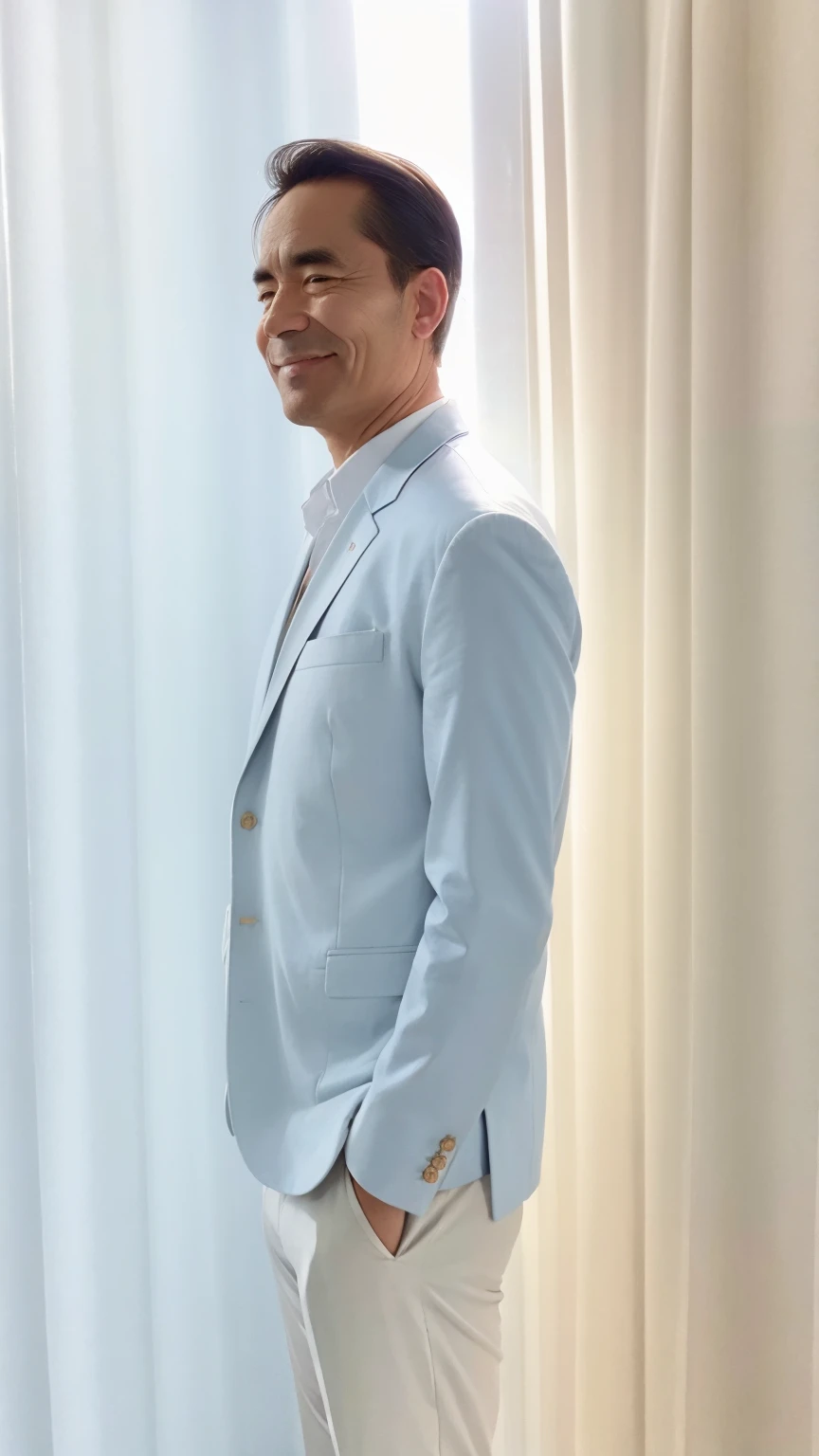 50 years old man， Soft headlights，High-density imaging，（The face is clear and delicate），((White suit))，((Light blue shirt))，((Profile))，((Full body image))，((Smile))，((Background is white curtain))，best quality，masterpiece，（Soft colors：1.2）