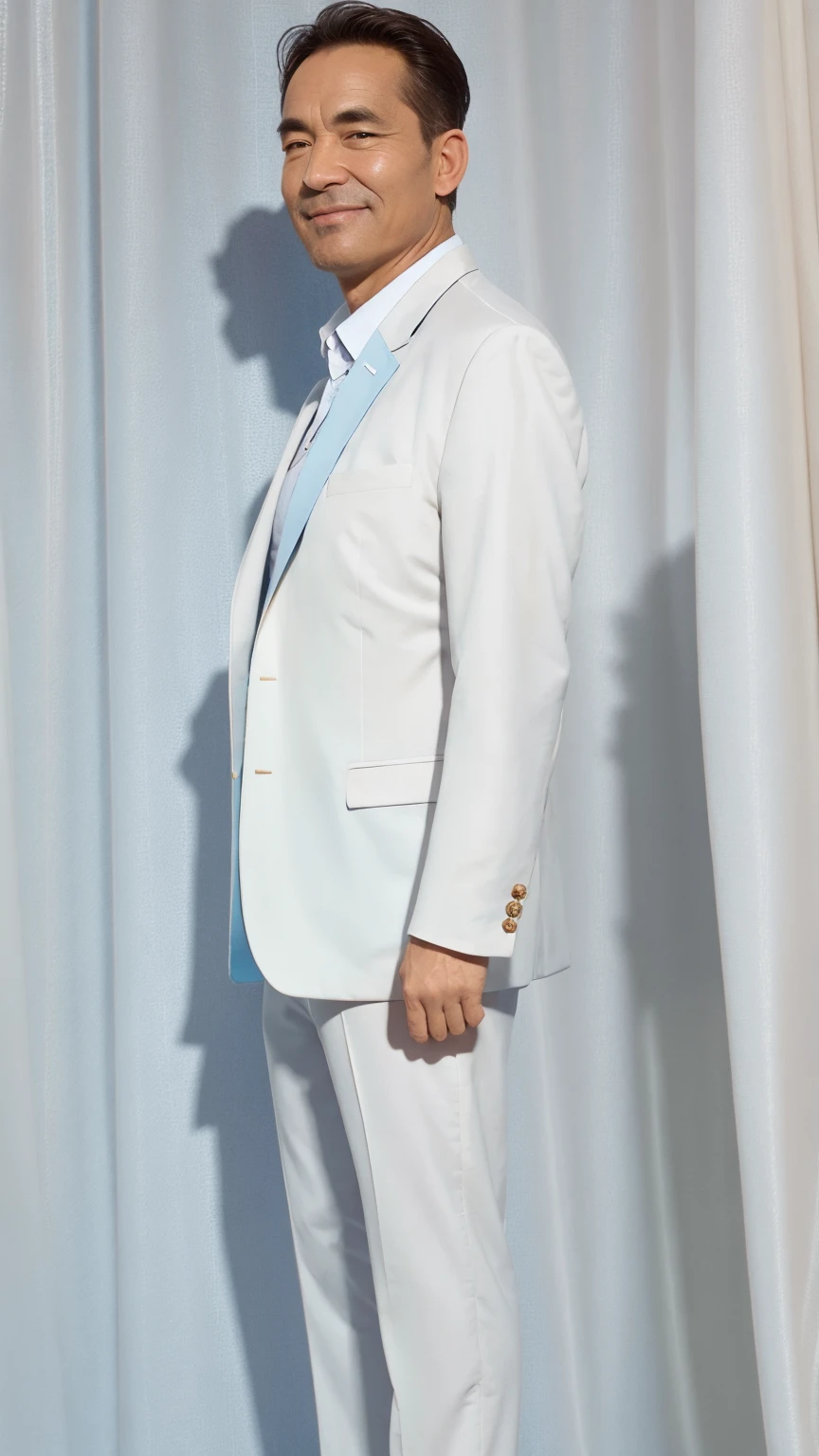 50 years old man, Soft headlights,High-density imaging,(The face is clear and delicate),((White suit)),((Light blue shirt)),((Profile)),((Full body image)),((Smile)),((Background is white curtain)),best quality,masterpiece,(Soft colors:1.2)