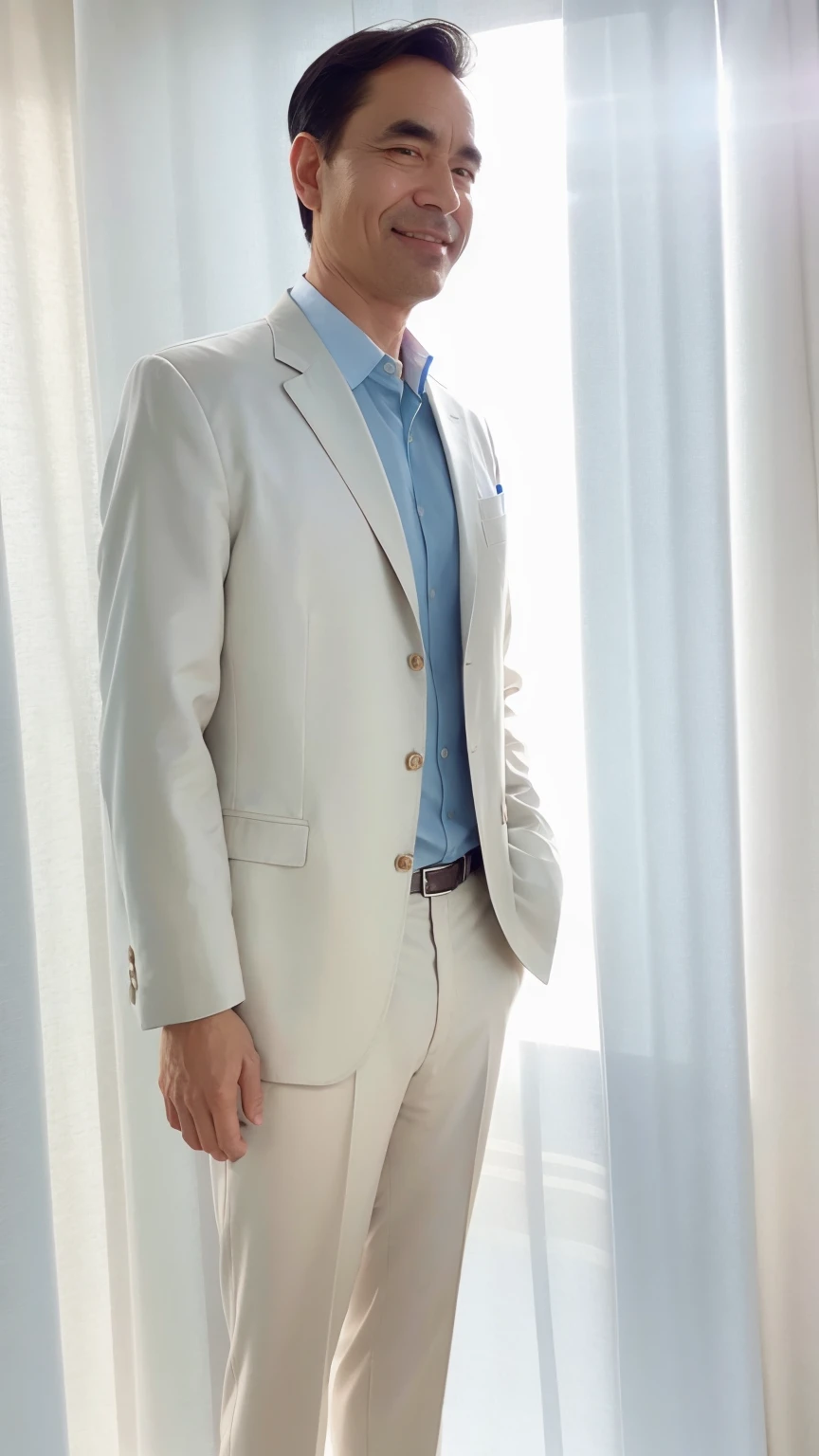 50 years old man, Soft headlights,High-density imaging,(The face is clear and delicate),((White suit)),((Light blue shirt)),((Profile)),((Full body image)),((Smile)),((Background is white curtain)),best quality,masterpiece,(Soft colors:1.2)