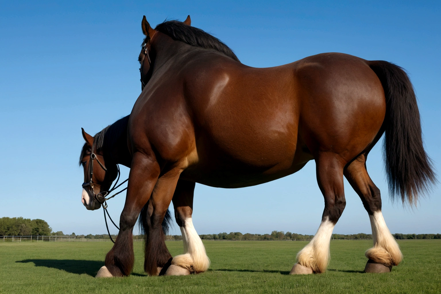 大きく太ったベルギーのドラフト馬の牝馬. 大きな尻. とても短い尻尾. 地平線を向く馬 . とても満ち足りた, とてもダークな肌の - SeaArt  AI