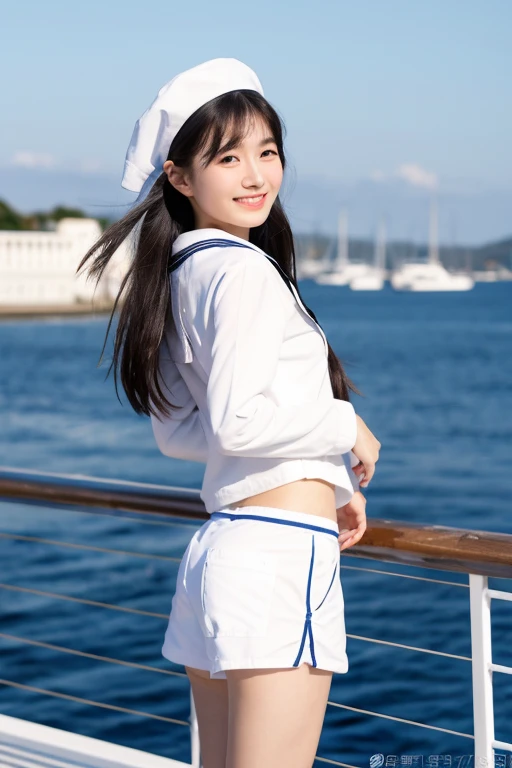 ((best quality)), ((masterpiece)), (detailed), 1girl, beautiful straight black long hair , beautiful smile ,sexy pose ,standing position , white sailor jacket , top crop ,short pants , on the yacht , sea background , sailor hat , full body picture 