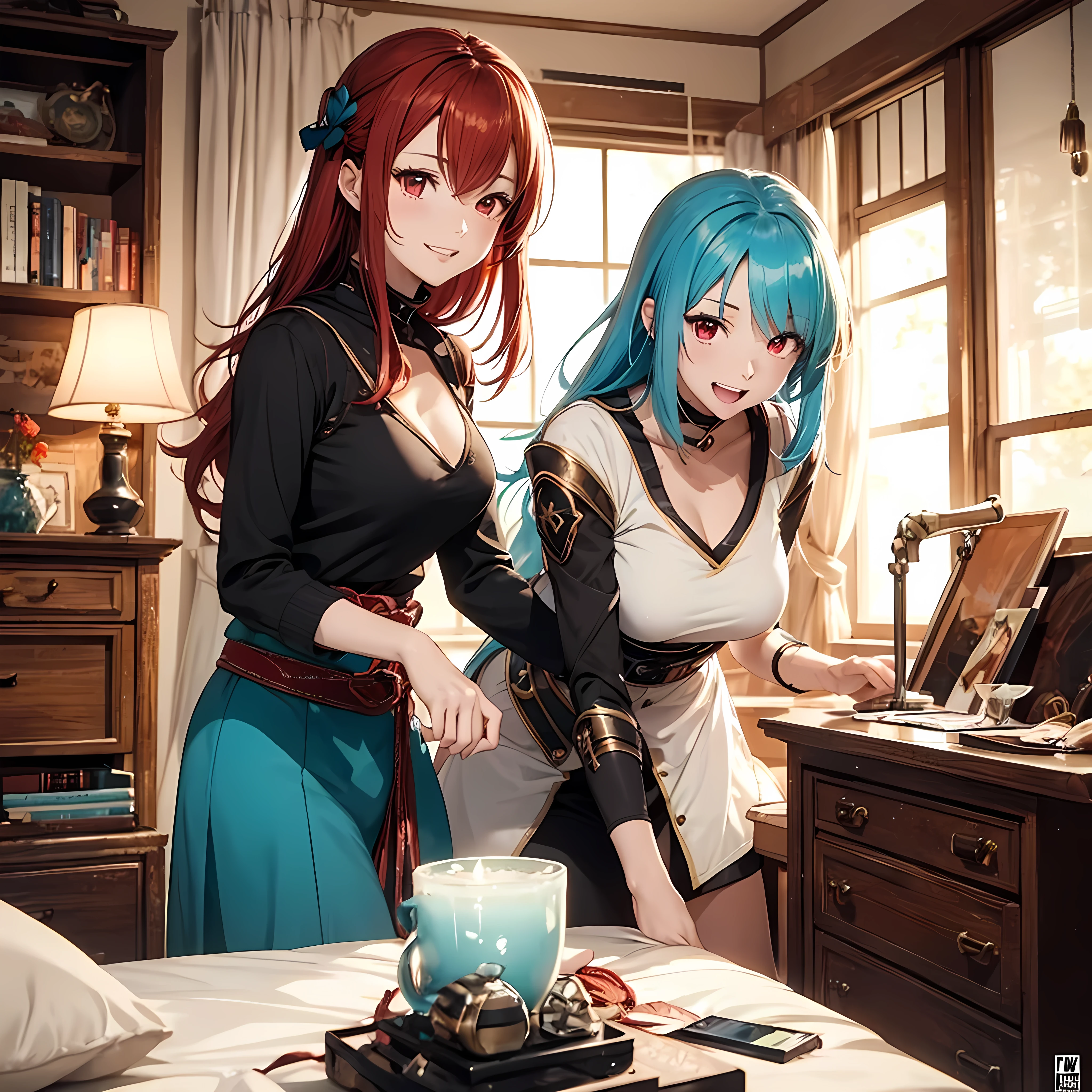 two beautiful young women, anime style, detailed faces, red hair, red eyes, delicate features, soft lighting, wearing rogue cosplay outfits, leather armor, cloaks, playful expressions, laughing and having fun, cozy and well-decorated bedroom, one sitting on the bed, the other standing nearby, various cosplay accessories scattered around, vibrant and inviting room lighting, dynamic pose, Japanese anime style, high quality, highly detailed, 8k resolution, cinematic lighting, best quality, vibrant colors, Instagrammable, aesthetic, trendy