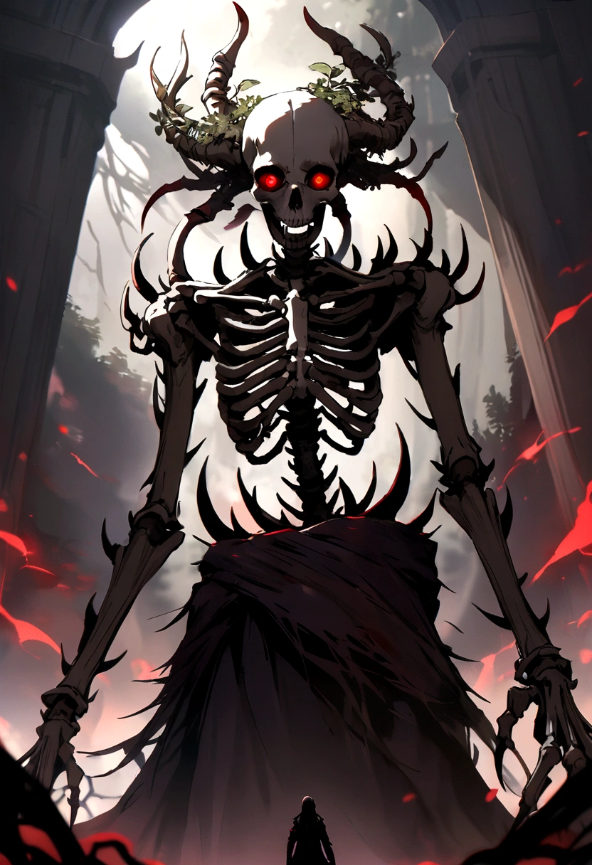 Body of a very dark mist with 2 skeletal arms with very sharp nails and a skull on its head with intense red eyes.