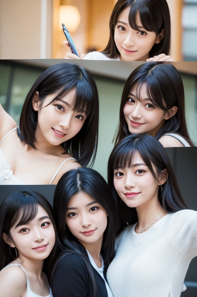 Group photo of 5 girls, portrait of a japanese teen,(Best Quality,4K,8K,hight resolution,masutepiece:1.2),Ultra-detailed,(Realistic,Photorealistic,Photorealsitic:1.37),cute-style,dian,Dribbling High Detail 8K,Studio Lighting - V 6, Randomly cute pleated skirt,Randomly cute clothes, Random Faces, Random curly hair