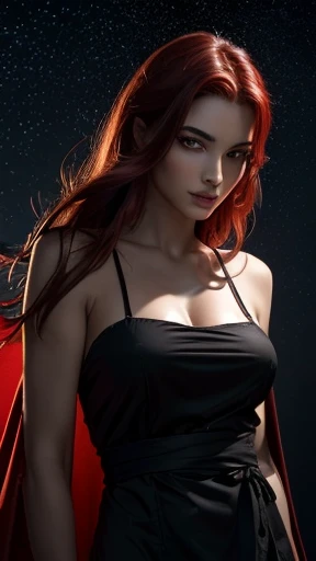 portrait, ((cheveux rouge vif)), femme mature, 30 ans, visage de diamant, clair de lune, red starry sky background, profondeur de champ, la magie, Red labia majora, ((dark black and red eyes)) robe longue et ample noire et rouge, poitrine couverte, Ambiance mystique, Threatening shadows, aura bleue intense, Aura rouge intense (best quality:1.2), absurdes, complexe details, (Very detailed skin:1.2), Expression du sourire, posant, tight and well defined body, attractif. Highly Realistic, pale skin, beau, hyperréalisme, peau très élaborée, regard direct, (BRUT, analogue, Objectif ultra grand angle Nikon Z 14 mm, photographie glamour primée, ((best quality)), ((chef-d'artwork)), ((Realistic)), pores de la peau, Diffusion souterraine, High resolution, detailed facial features, high detail, sharpness, lisse, aesthetic, extremely detailed, (extremely detailed eyes, extremely detailed iris), extremely detailed hair, extremely detailed skin, extremely detailed clothes, rendu d'octane, photoRealistic, Realistic, Post-traitement, maximum detail, Realistic shadows, roughness, texture naturelle de la peau, vrai vie, ultra-Realistic, photorealism, la photographie, 8k euh, la photographie, HDR, complexe, elegant, Very detailed, sharpness, Superbe, beau, Magnifique), Realistic, chef-d'artwork, la plus haute qualité, film encore, fille de nuage, flottant dans le ciel, (fermer:1.1), poitrine moyenne, Brillant, heureux, amusant, Soft lighting,