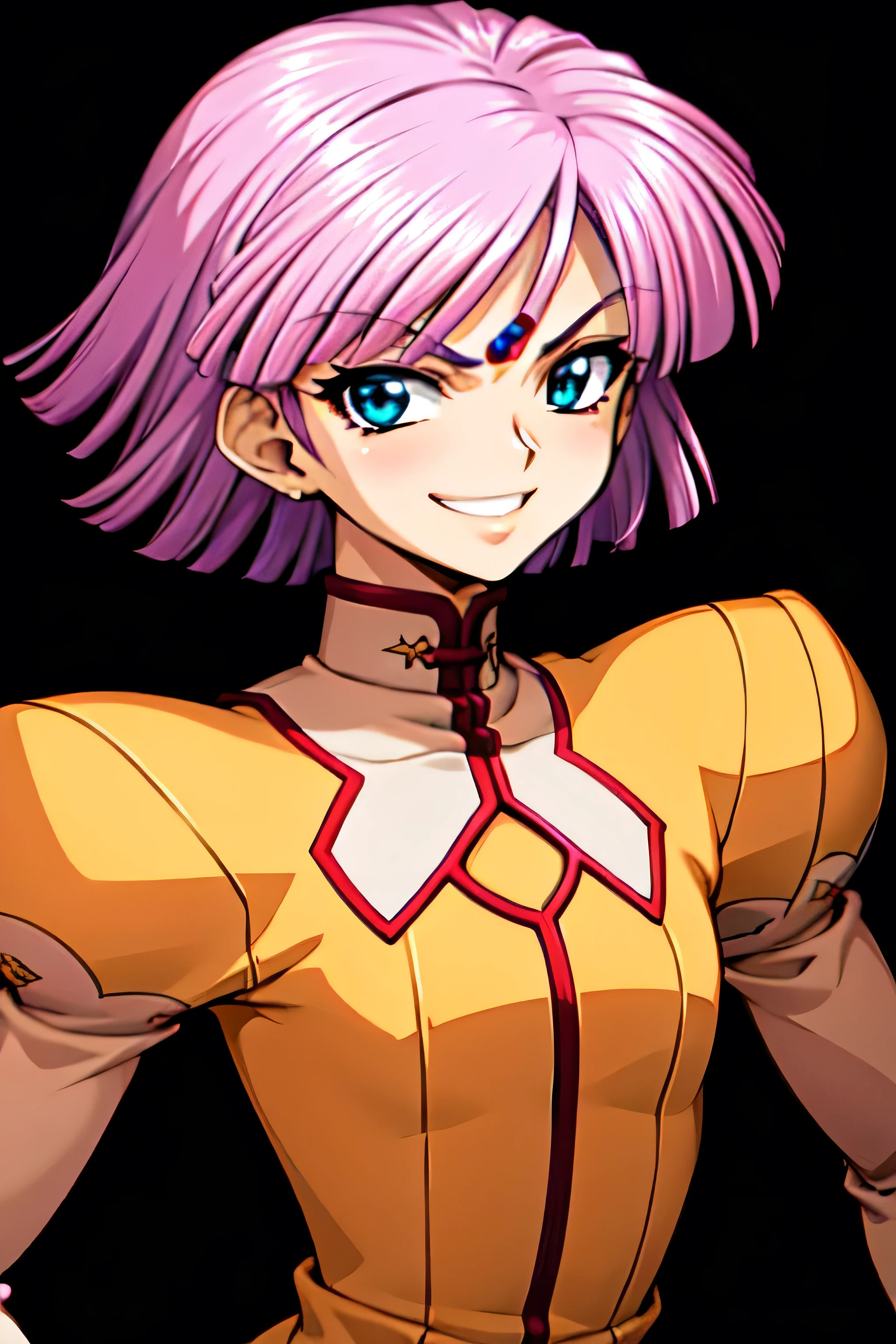 (best_quality 4K, 8K, High resolution, Masterpiece: 1.2), ultra detailed),from_below,(anime_screencap),(1girl,solo),dynamic_angle,too evil_smile,too evil laugh at,tis,deep darkness_face,too sadistic,smile worst,,bob short  hair,,,looking at viewer,upper body,black background,too worst smile,