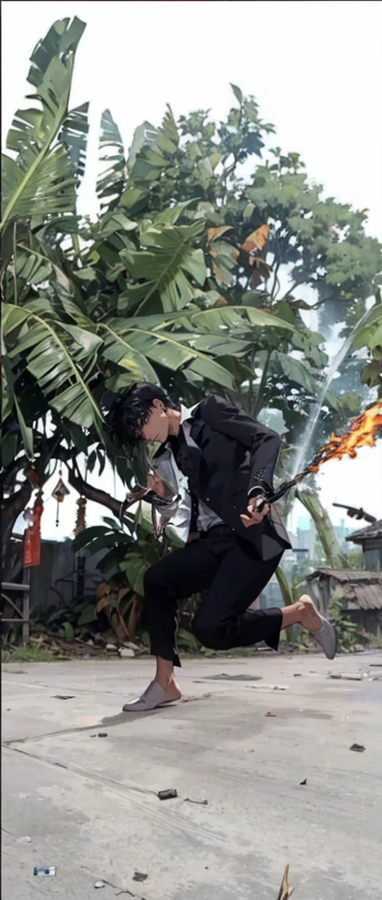 (masterpiece, best quality, highres, ultra-detailed), 1man, male focus, spiky black hair, grey eyes, handsome, detailed eyes and face, male body, earrings, ear piercing, unbuttoned black blazer, white shirt, trousers, bare collarbones, chain necklace, city slums background, by amano akira, full body, cigarette, cigarette smoke, guy smoking,1guy, masterpiece