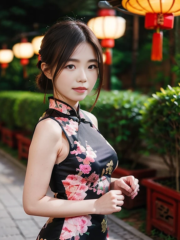 A woman wearing a Chinese dress、She is posing with a traditional Chinese garden as a backdrop。There are red lanterns and bamboo in the background.、Let the elegance and beauty of a woman shine through。