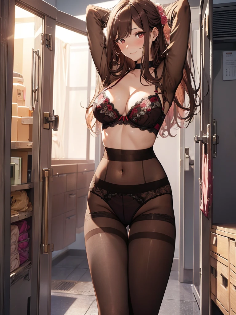 (masterpiece,best quality, ultra-detailed, high resolution, extremely detailed cg, anime picture, 8k,nsfw,) Underwear woman about to take off her shirt standing in front of a locker ,1girl, undressing,panicking,panick face,locker, navel,armpits, arms up, cleavage, beautiful skin color,bra, panties ,rose pattern print bra,rose pattern print panties, sexy underwear,fine pattern underwear,delicate pattern underwear,luxury underwear,colorful underwear,wet ,seductive smile,nose blush,big breast,imaschihiro,brown hair,red eyes,long hair，(((brown _pantyhose,))
