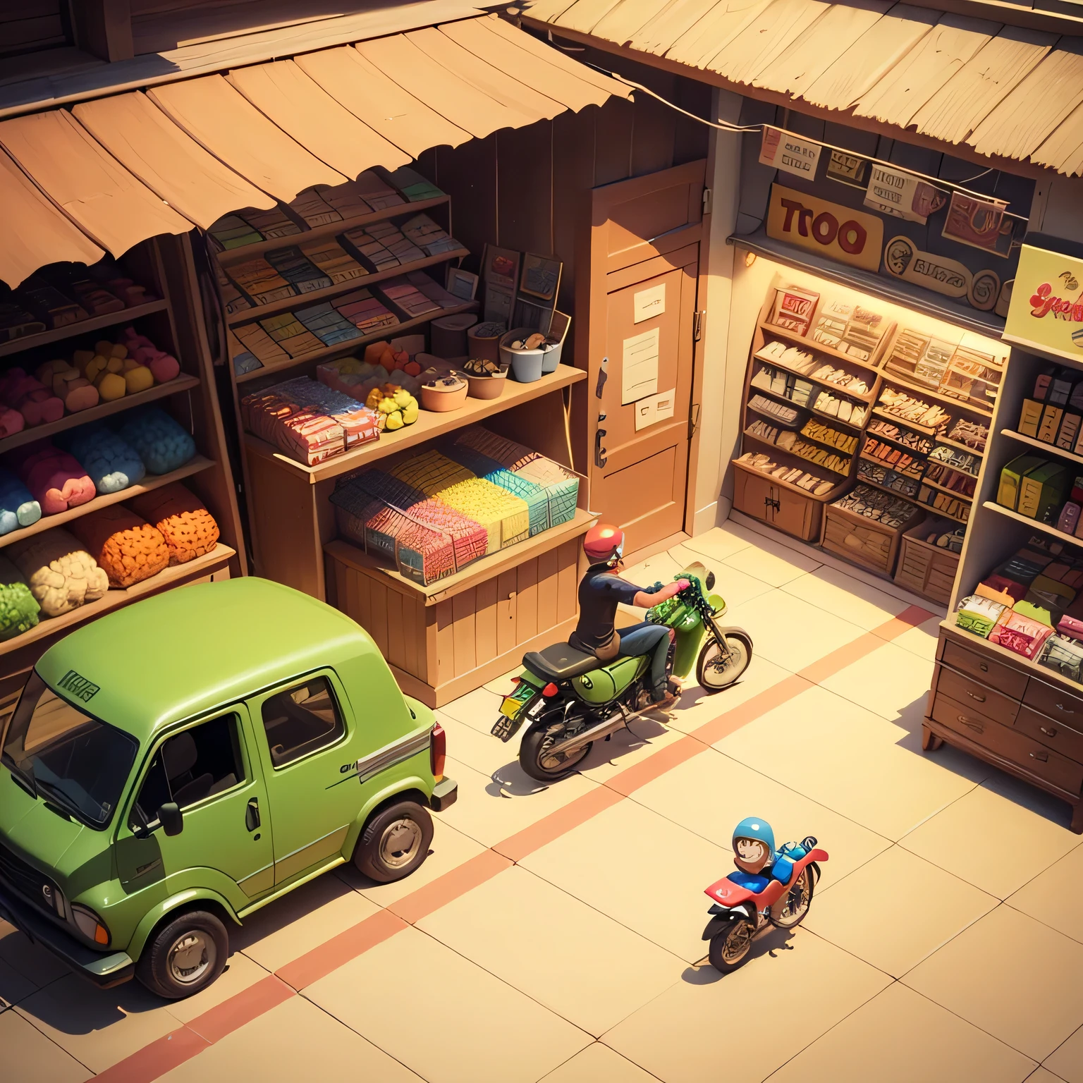 isometric cartoon store vibrant lime, colors, horse-toys, motorbikes, smilig children running playing at toystore, and lively characters