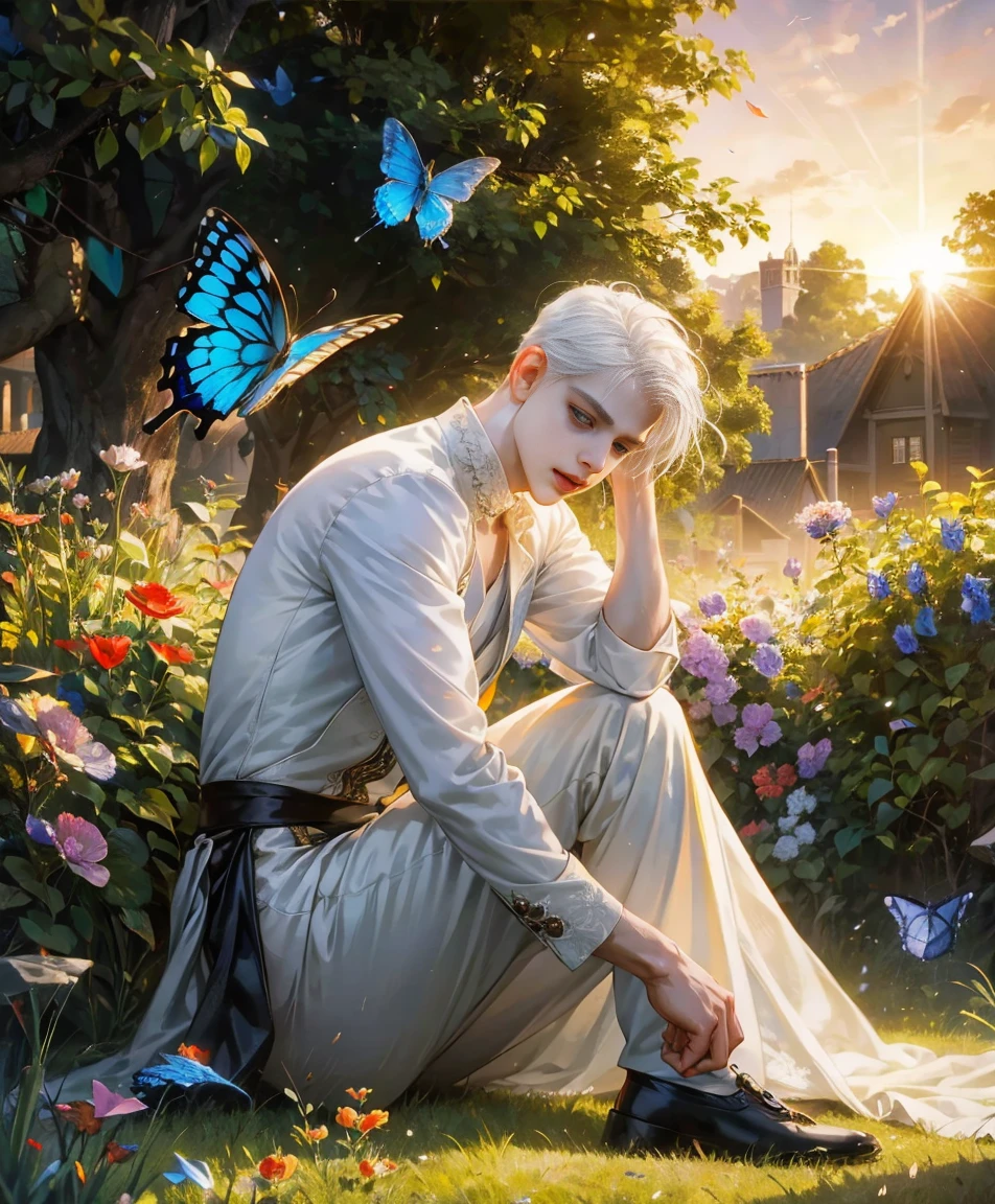 dynamic angle, splash art, high definition, full body, guy with white hair, sitting, surrounded by butterflies in a garden, soft boy, short hair, sunset lighting, dramatic lighting, looking at camera, young boy, light on face