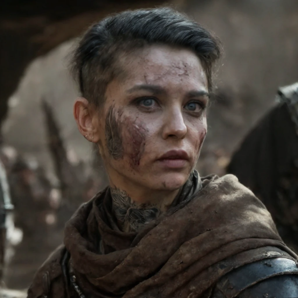 (masterpiece)+, (extremely (realistic)+,a portrait of an ugly young female warrior, sun weathered skin, Dirty skin, horrible scars, Cheeky stare. Looking in camera. volumetrics dtx, Photorealistic, ultra detailed, Artstation trending, very very detailed, realistic shaded lighting, dynamic shadows, detailed Mercenary camp background, upper body, professional photograph of a detailed skin, sharp focus, dramatic, award winning, cinematic lighting, octane render, unreal engine, volumetrics dtx, Photorealistic, ultra detailed, Artstation trending, very very detailed, hyperrealistic, fine details, realistic shaded lighting, dynamic shadows, Mercenary camp background, add_detail:1, skin pores and wrinkles, details.,More Reasonable Details