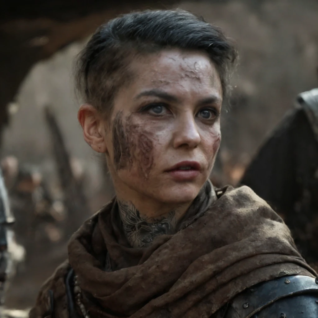 (masterpiece)+, (extremely (realistic)+,a portrait of an ugly young female warrior, sun weathered skin, Dirty skin, horrible scars, Cheeky stare. Looking in camera. volumetrics dtx, Photorealistic, ultra detailed, Artstation trending, very very detailed, realistic shaded lighting, dynamic shadows, detailed Mercenary camp background, upper body, professional photograph of a detailed skin, sharp focus, dramatic, award winning, cinematic lighting, octane render, unreal engine, volumetrics dtx, Photorealistic, ultra detailed, Artstation trending, very very detailed, hyperrealistic, fine details, realistic shaded lighting, dynamic shadows, Mercenary camp background, add_detail:1, skin pores and wrinkles, details.,More Reasonable Details