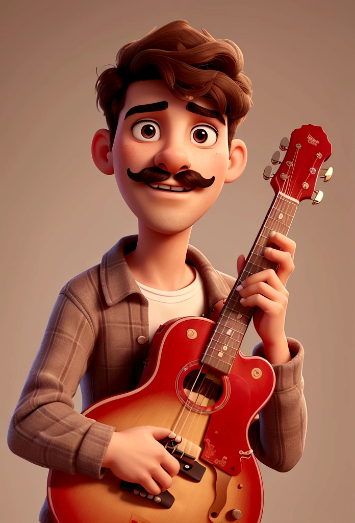 Young man with a mustache playing a red guitar.