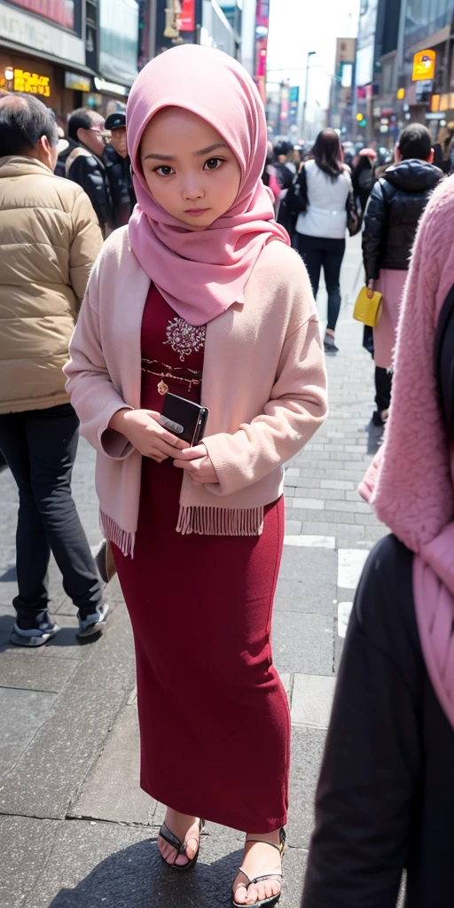 (beautiful Indonesian woman 20 aged). Wearing ; (hijab, current fashionable fashion). (54k street snapshot photohgraphy). Background; (urban street elite modified, sunset, Shibuya crossing).