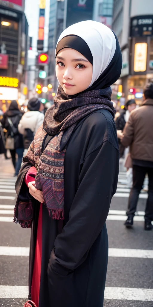 (beautiful Indonesian woman 20 aged).  Wearing ; (hijab, current fashionable fashion).  (54k street snapshot photohgraphy). Background; (urban street elite modified, sunset, Shibuya crossing).