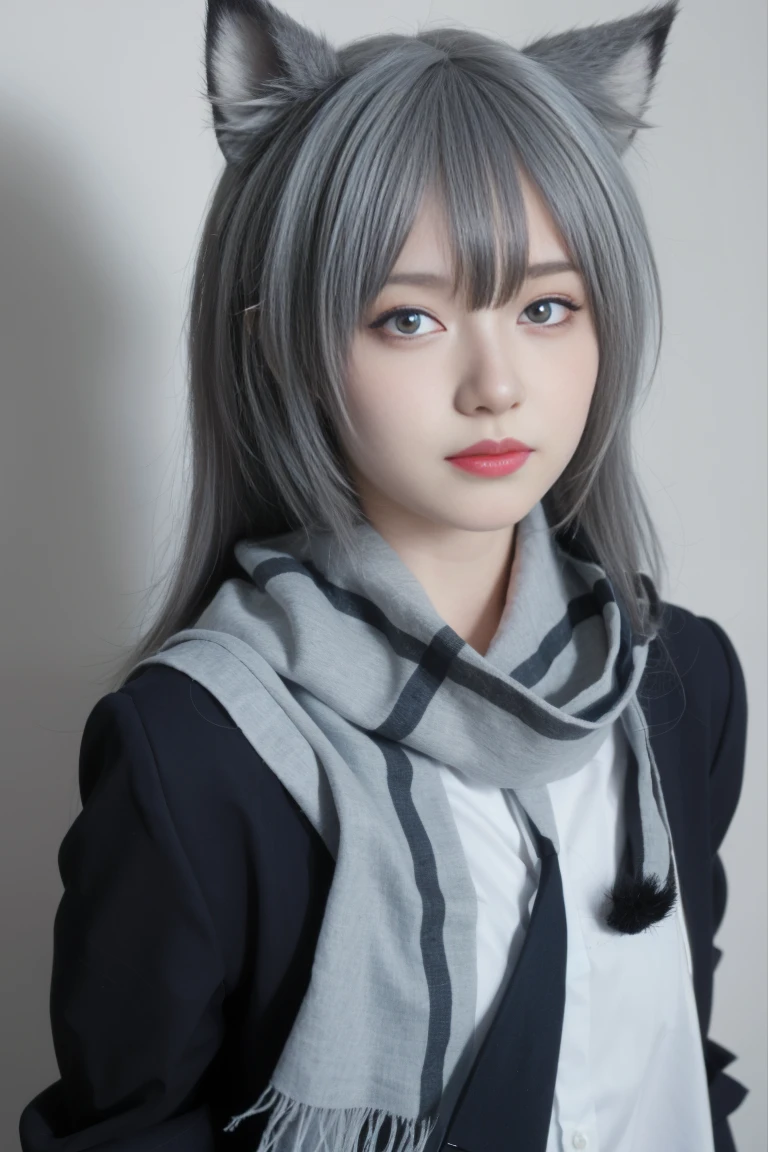 best quality, tmasterpiece,Ultra-high resolution,Clear face,(Reality:1.4),ferpect lighting,(upper body photo), (photorealistic:1.50), anime wallpaper, Guviz style artwork, cover-up fantasy up to magic , by Yang J, Guviz, beautiful artwork illustration, beautiful digital artwork, beautiful digital illustration, Li Song, beautiful anime portrait, art style in Beauvot, bluearchiveshiroko, animal ears, blue eyes, (gray hair:1.5), hair ornament, hair clip, Halation, medium hair, wolf ears,
BREAK plaid shirts, plaid skirts, school uniforms, skirts, scarves,
BREAK looking at the viewers,
BREAK indoors, classrooms,