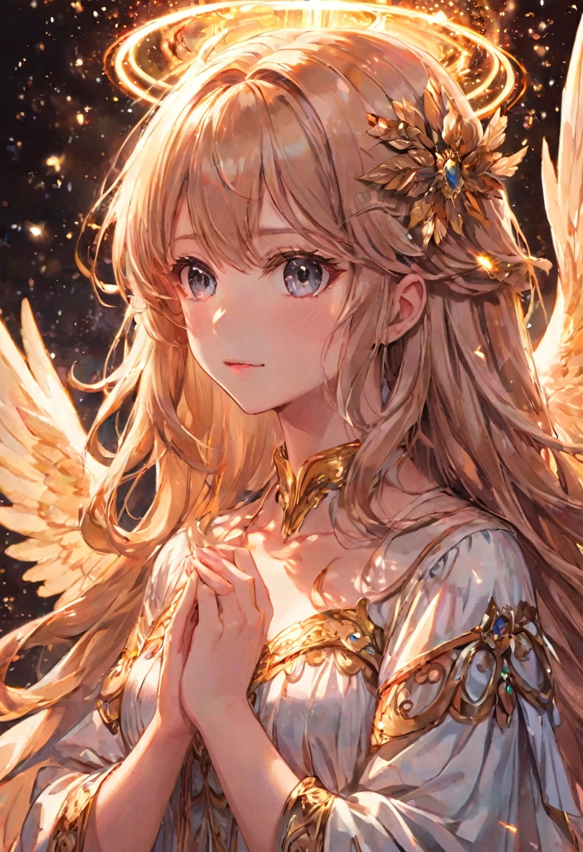 Anime Style, (Surrealist:1.2), beautiful, Master Parts, Highest quality, Highly detailed face, Perfect lighting, Nice hands, Perfect Arms, An angel shining with a sacred and heavenly splendor, (Heavenly Being:1.2), (Calm expression), (Majestic Wings), (Mysterious glow:1.1), (Peaceful and comfortable), (Superb beauty), (God&#39;s Grace), (A symbol of purity), (Golden Halo), (An uplifting atmosphere), (Kingdom of Heaven), (Spiritual Lighting), (Soft and protective), (Illumination light:1.2), (Angelic figures), (Harmony and tranquility), (Angel Robe), (Timeless and heavenly), (Captivating aura), (Healing and guidance)