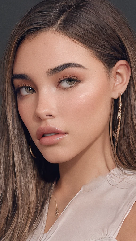 gorgeous Italian model, looks like Madison Beer, (mature woman), ((full lips)), very big lips, full lips, ((extra big lips)), increased lips, (light green beautifull eyes), very confident face expression, long oval face, (((square cheekbones))), (sharp cheekbones, sharp cheek, square cheek,) slim face, ((strict face)), medium length brown hair, straight hair, perfect hair, shiny face, pale face, wide hips, narrow waist, big breasts, fit ass, gorgeous light, white underwear