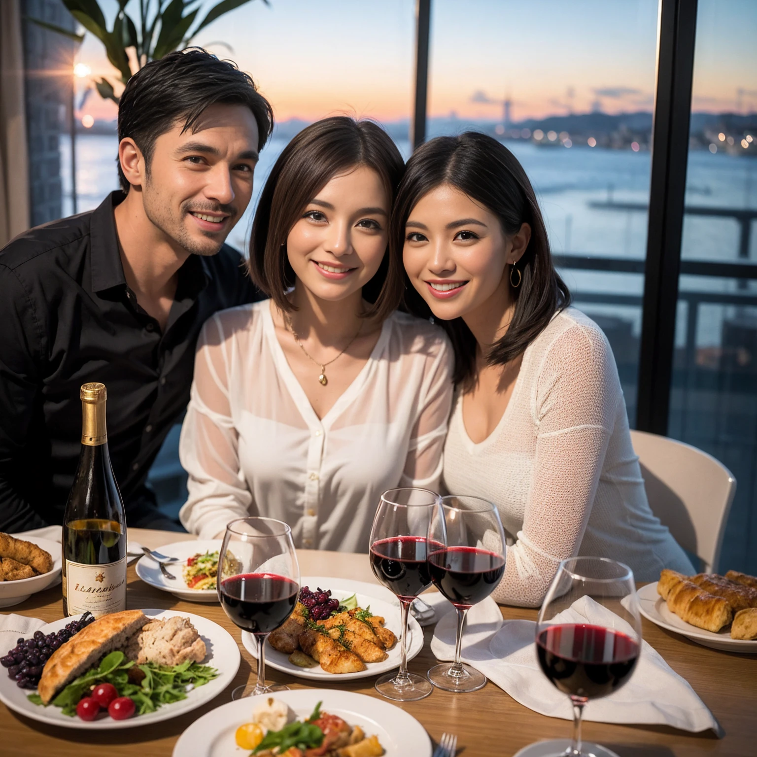 ((Highest quality、8K、masterpiece:1.3))、 (Genuineistic, Genuine、Bright image、Intricate details:1.2), 最高のsmile、1 male、1 female、Beautiful couple、spouse、fiancee、Good friends、actress couple、smile、Full-course dinner at a packed table、 (Slim face), (the body is slim), (Brown Hair), (short hair), テーブルのwine glass、Please shine a light on my face、 Amazing view of the sunset sky and clouds、 (42 years old)40 years old, red wine 、Appetizers、Wine bottle、sparkling wine、Long sleeve shirt、dress、White wine, red wine, wine glass,
