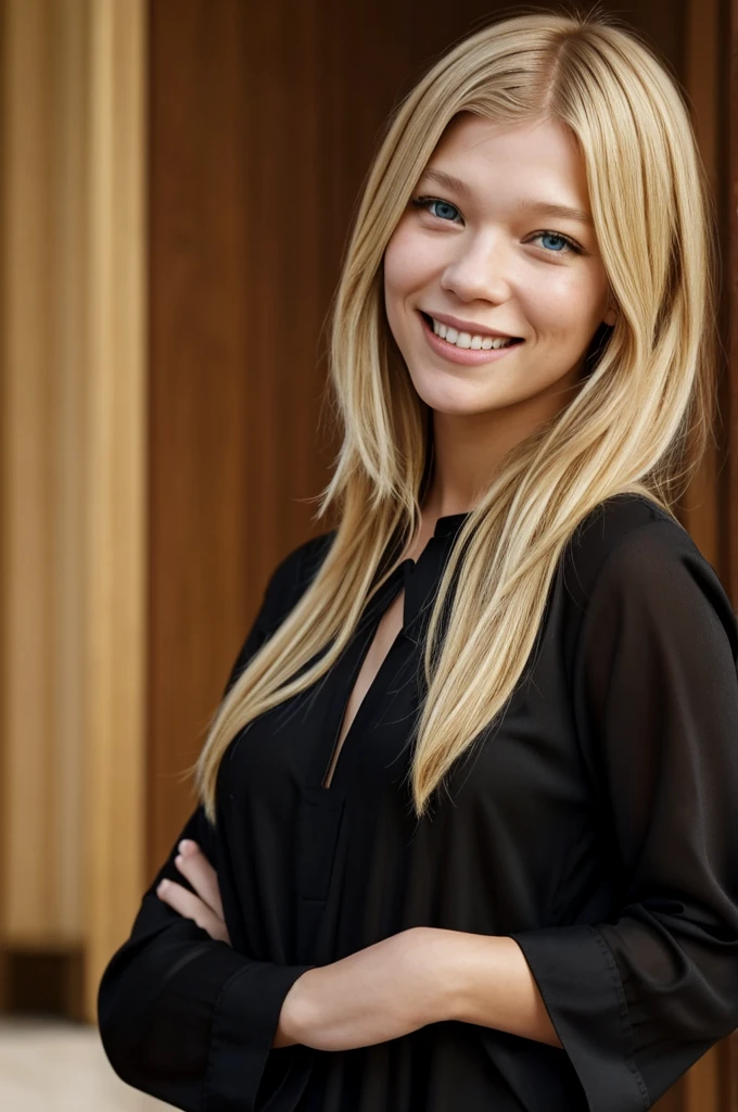 Beautiful blonde girl identical to Lea Seydoux with a smile and in a black tunic
