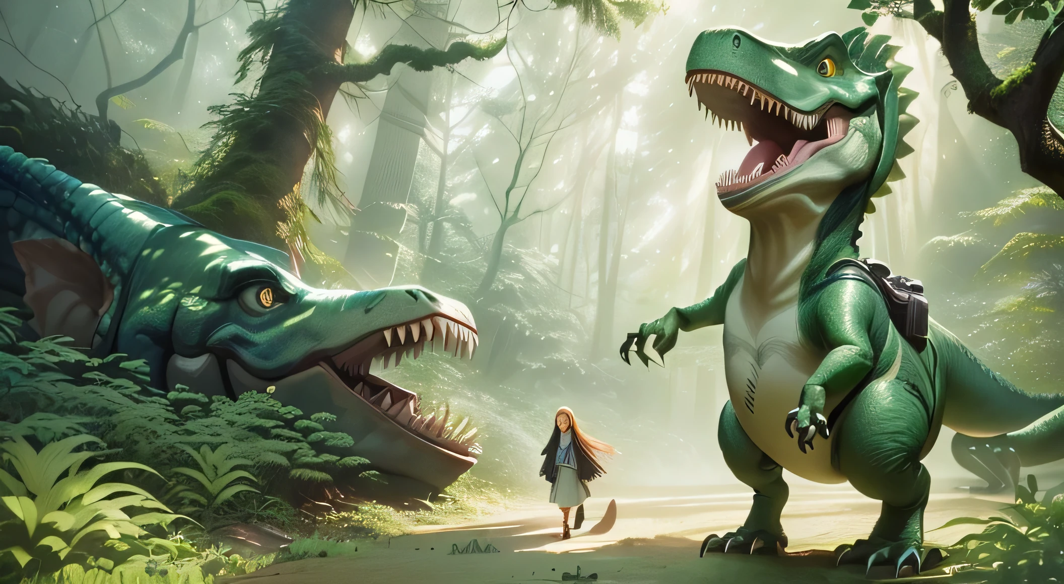 a girl in a forest with a small dog, animated, 3d animated, children's animation, animated movie, jurassic world, disney pixar vita, animated scene, pixar ink wash art, pixar 3d art, animated still, anime movie, tyrannosaurus rex, disney pixar vita, inspired by abiding dino, by arthur pan