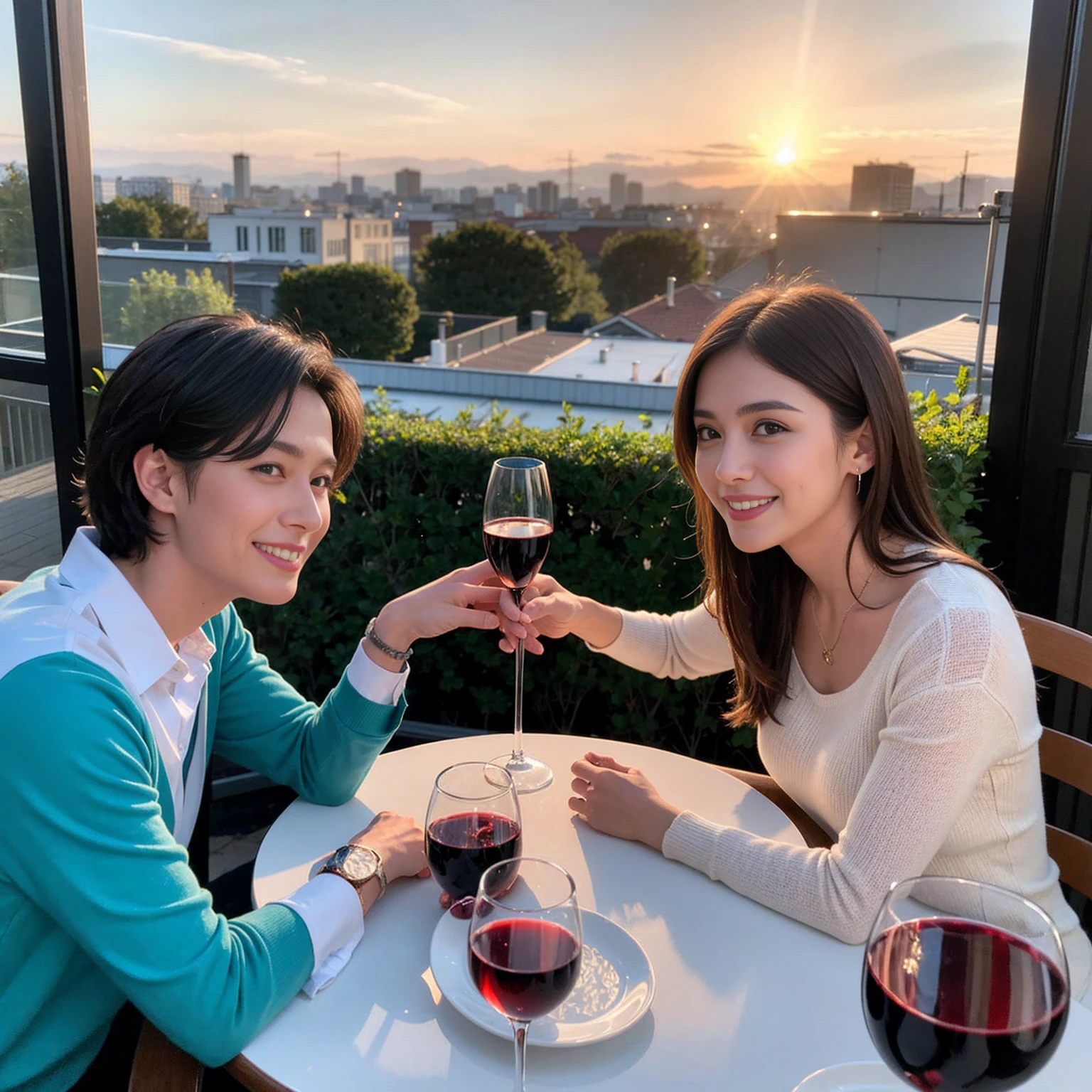 ((Highest quality、8K、masterpiece:1.3))、 (Genuineistic, Genuine、Bright image、Intricate details:1.2), 最高のsmile、1 male、1 female、Beautiful couple、spouse、fiancee、Good friends、actress couple、smile、Full-course dinner at a packed table、 (Slim face), (the body is slim), (Brown Hair), (short hair), テーブルのwine glass、Please shine a light on my face、 Amazing view of the sunset sky and clouds、42 years old)40 years old, red wine 、Appetizers、Wine bottle、sparkling wine、Long sleeve shirt、dress、White wine, red wine, wine glass,