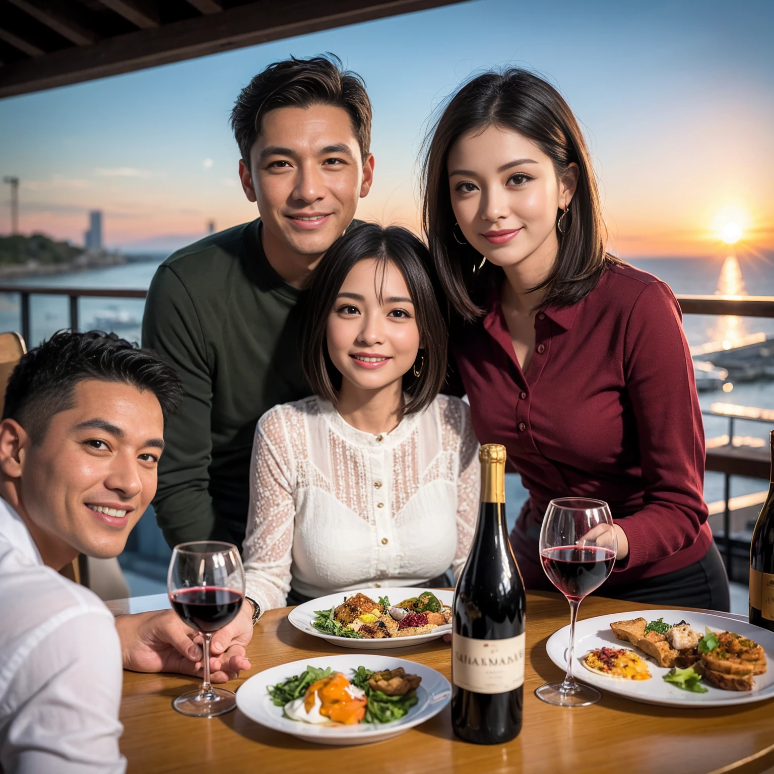 ((Highest quality、8K、masterpiece:1.3))、 (Genuineistic, Genuine、Bright image、Intricate details:1.2), 最高のsmile、1 male、1 female、Beautiful couple、spouse、fiancee、Good friends、actress couple、smile、Full-course dinner at a packed table、 (Slim face), (the body is slim), (Brown Hair), (short hair), テーブルのwine glass、Please shine a light on my face、 Amazing view of the sunset sky and clouds、42 years old)40 years old, red wine 、Appetizers、Wine bottle、sparkling wine、Long sleeve shirt、dress、White wine, red wine, wine glass,
