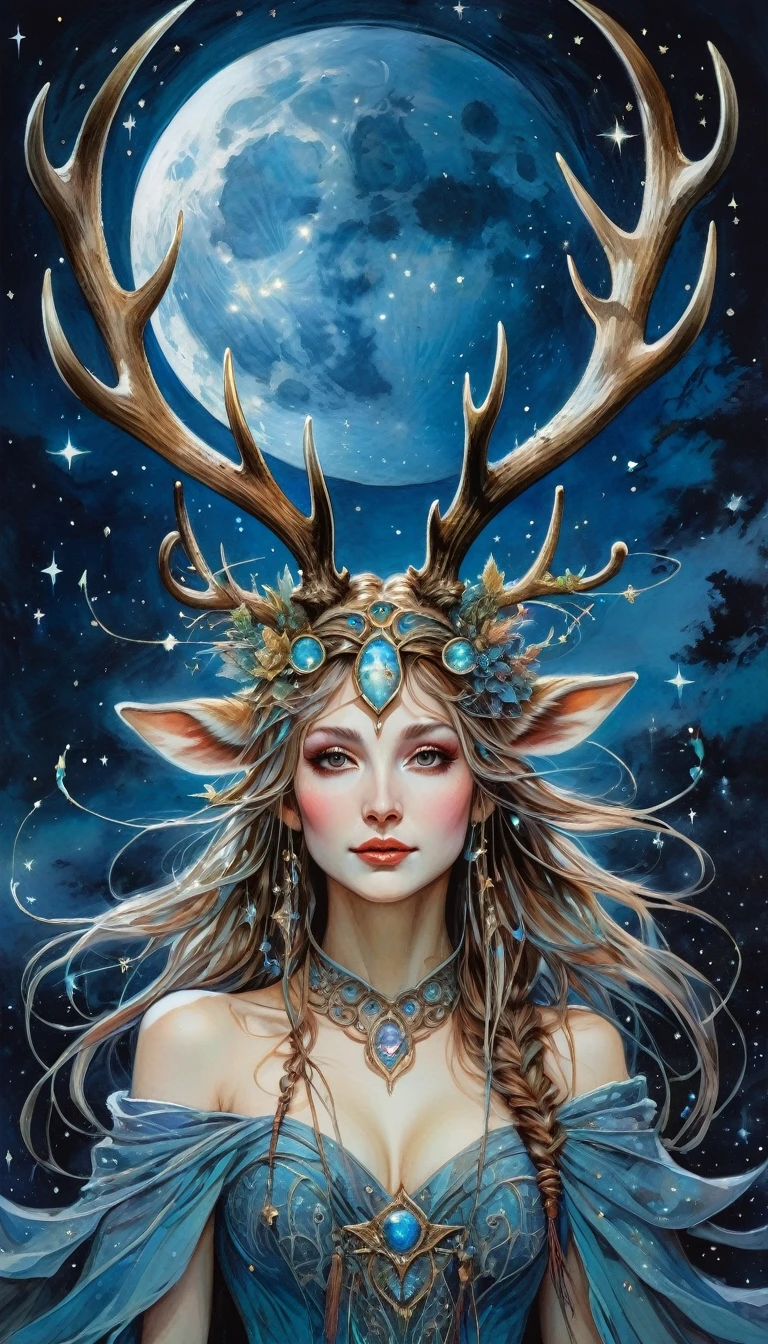 the magician, magician girl, sexy, deer horns,magic, fantastic, night sky, moon, stars, background, (art inspired by Brian Froud and Carne Griffiths and Wadim Kashin, intricate details, oil )