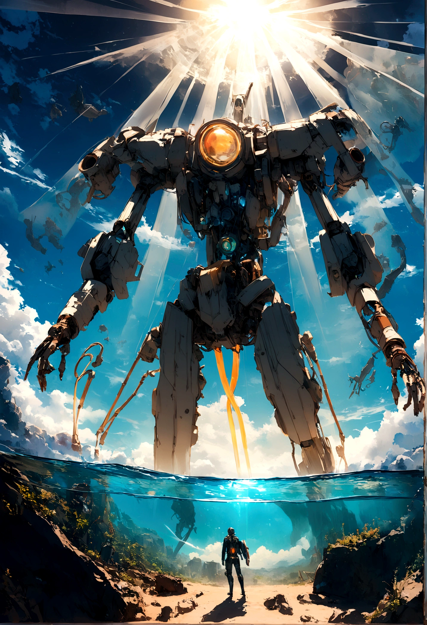 score_9, score_8_up, score_7_up, ((first person perspective)), landscape photo, tron, heaven, ascendance, god rays, light, gold, sky, advntr, underwater, alien, colorful, ((zdzislaw beksinski)),translucent,transparent,reelmech, mechanical parts, cable, wires, machinery, joints, body suit