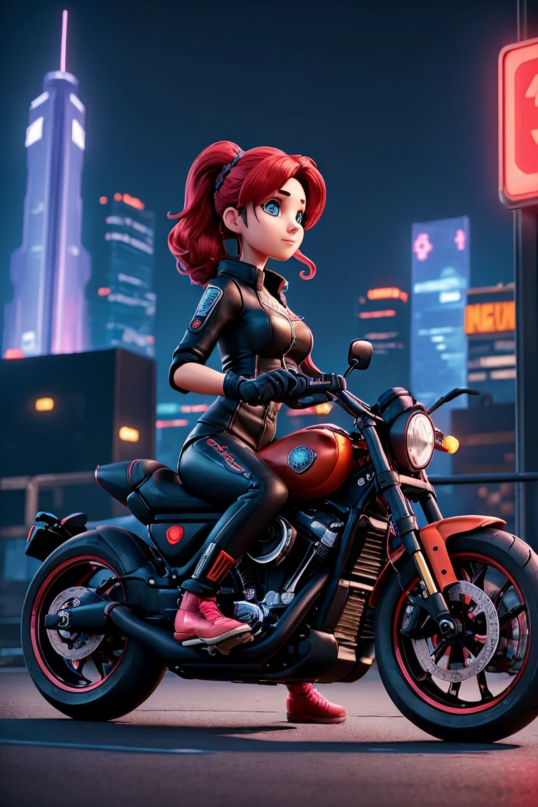 Imagine um vibrante, futuristic scene where a woman in cyberpunk style is riding a Harley Davidson motorcycle. The scene is rendered in 2D at 8K resolution, offering stunning image quality and fine details. The view is from a distant perspective, giving an overview of the scene. The woman displays a distinctive seal, perhaps an emblem of a renowned group or a mark of your own rebellion. The main color that permeates the illustration is a bright saturated red., standing out against the darkness, urban scenery full of neon. The image is detailed with a lot of contrast, highlighting the textures and reflections of the woman's bicycle and costume, creating a work of art that captures the essence of the cyberpunk movement.”Hope this helps in creating your image!