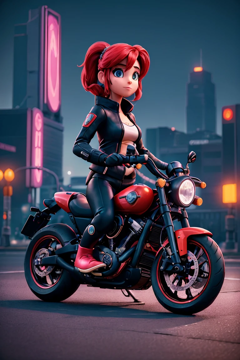 Imagine um vibrante, futuristic scene where a woman in cyberpunk style is riding a Harley Davidson motorcycle. The scene is rendered in 2D at 8K resolution, offering stunning image quality and fine details. The view is from a distant perspective, giving an overview of the scene. The woman displays a distinctive seal, perhaps an emblem of a renowned group or a mark of your own rebellion. The main color that permeates the illustration is a bright saturated red., standing out against the darkness, urban scenery full of neon. The image is detailed with a lot of contrast, highlighting the textures and reflections of the woman&#39;s bicycle and costume, creating a work of art that captures the essence of the cyberpunk movement.”Hope this helps in creating your image!