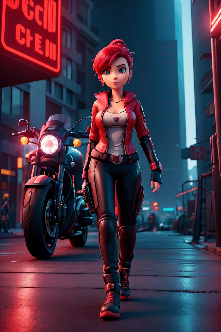 Imagine um vibrante, futuristic scene where a woman in cyberpunk style is riding a Harley Davidson motorcycle. The scene is rendered in 2D at 8K resolution, offering stunning image quality and fine details. The view is from a distant perspective, giving an overview of the scene. The woman displays a distinctive seal, perhaps an emblem of a renowned group or a mark of your own rebellion. The main color that permeates the illustration is a bright saturated red., standing out against the darkness, urban scenery full of neon. The image is detailed with a lot of contrast, highlighting the textures and reflections of the woman&#39;s bicycle and costume, creating a work of art that captures the essence of the cyberpunk movement.”Hope this helps in creating your image!