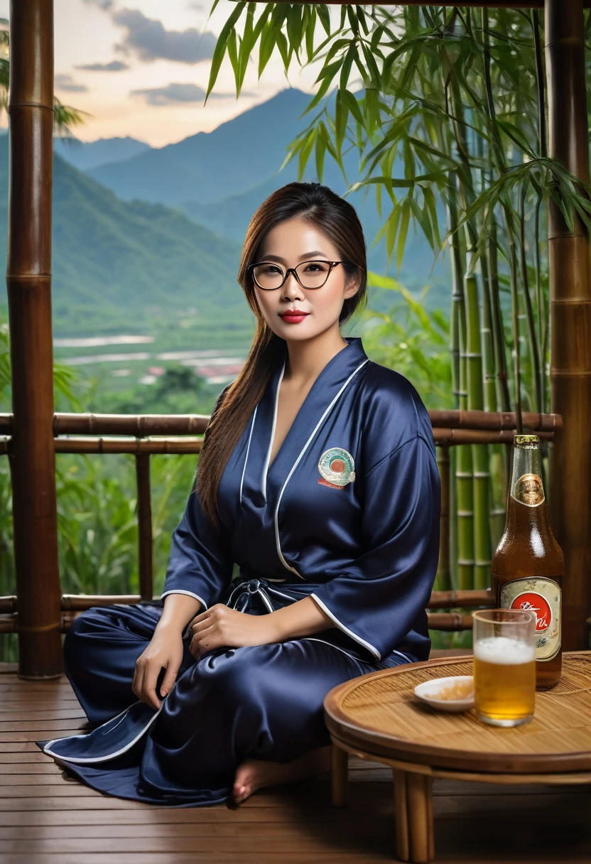 Masterpiece, realistic image Maximum details: Thai woman, beautiful face, sharp eyes, about 30 years old, big, fat, wears clear glasses, ties her hair, wears dark-colored pajamas. Sitting and relaxing in a bamboo cafe Decorated in a local style. Built with bamboo, natural views of mountains, forests, and the night sky. On her table was a large pot of shabu, where hot smoke rose up, a glass of water. In the glass was golden-yellow water with white foam and ice. Chang beer bottle This image has a high resolution of 80K so that every detail is as clear and realistic as possible.