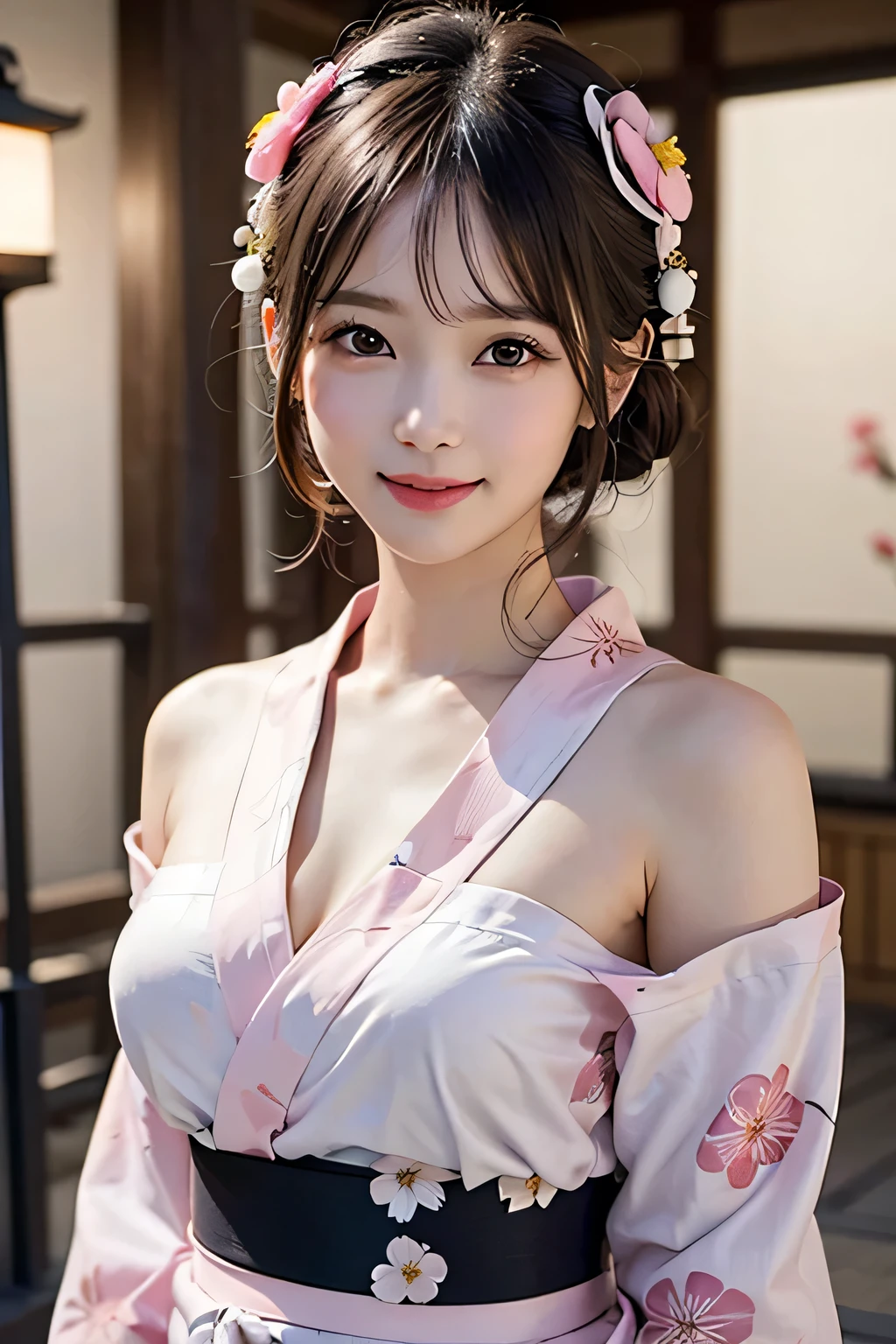 (1young girl), Extremely cute face, Amazing face and eyes, (Highly detailed eyes, Highly detailed face), fresh, Very clean appearance, (Hyper-realistic, hight resolution), (Best Quality:1.4), Raw photo, (Realistic, Photorealsitic:1.37), Professional Photography, (light pink floral pattern yukata:1.5), (Open yukata), (cleavage:1.2), (Bare shoulders), Smile slightly, (Staring at me), Bedroom, girl portrait,
