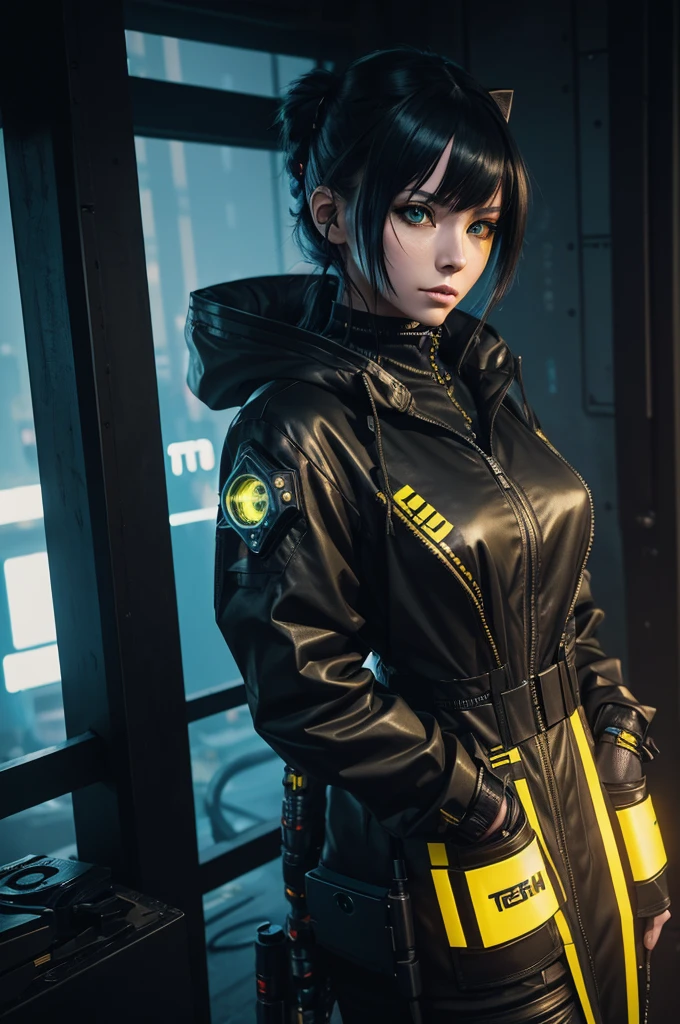 8k,Anime-style woman in black and yellow costume posing for a photo, Cyberpunk Girl, Female cyberpunk girl, attractive cat girl, Cyberpunk Girl Mecha, The Art of Digital Cyberpunk, Cat Girl, Cyberpunk Art, wojtek fus, wearing techwear and armor, Cyberpunk Girl, cyberpunk angry gorgeous goddess, Trending on CGSTATION,in woods,