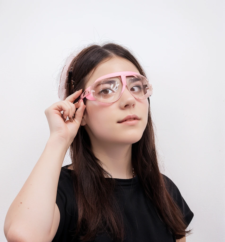 there is a woman wearing a pair of pink glasses on her head, goggles on forehead, wearing goggles, pink glasses, goggles, wearing shiny black goggles, Wearing a clear glass mask, Woman wearing rose-colored glasses, wear glasses, wearing victorian goggles, round goggles, Wearing small round glasses, Little girl with round glasses, Wearing long, round glasses