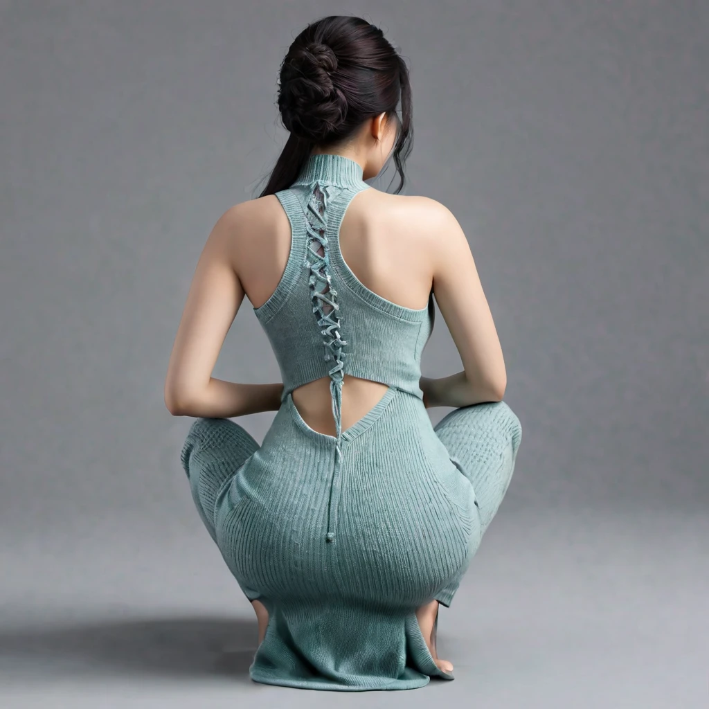 Realistic, high quality, Chinese woman wearing a maxi bodycon dress, knit dress, squatting down,rear view