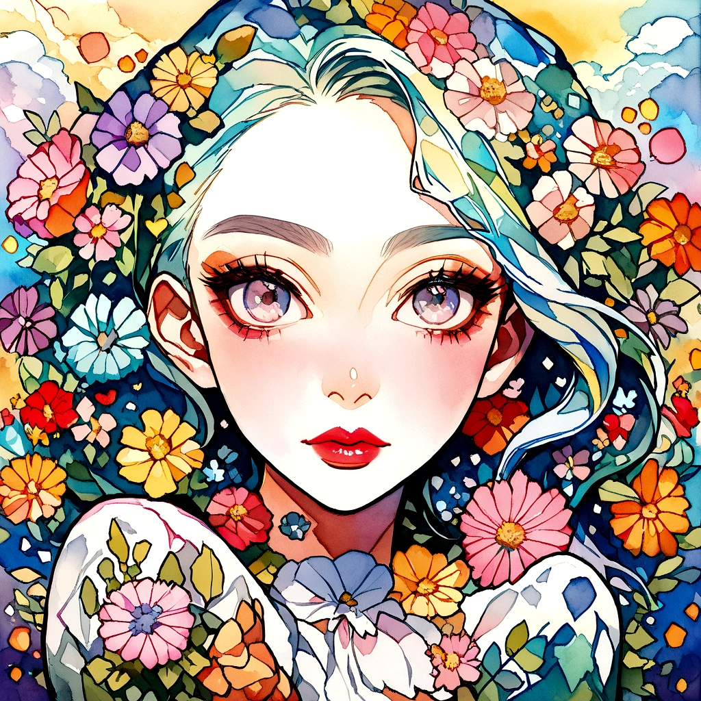 Mai Yoneyama Style、(((stylish fashion))), 8K Quality、Intense watercolor, Detailed watercolor art, Watercolor splash, Surreal, avant-garde pop art, Beautiful and expressive paintings, Beautiful artwork illustration, Very colorful tones, wonderful, Cool beauty, highest quality、Official Art, Vector art, Stylish design, (((The most beautiful girl))), (((highest quality))), HDR, ((detailed)), (((Doodle Art)), ((masterpiece)), ((Super detailed)), (((Colorful flowers))),(((Stylish))), Lips in love