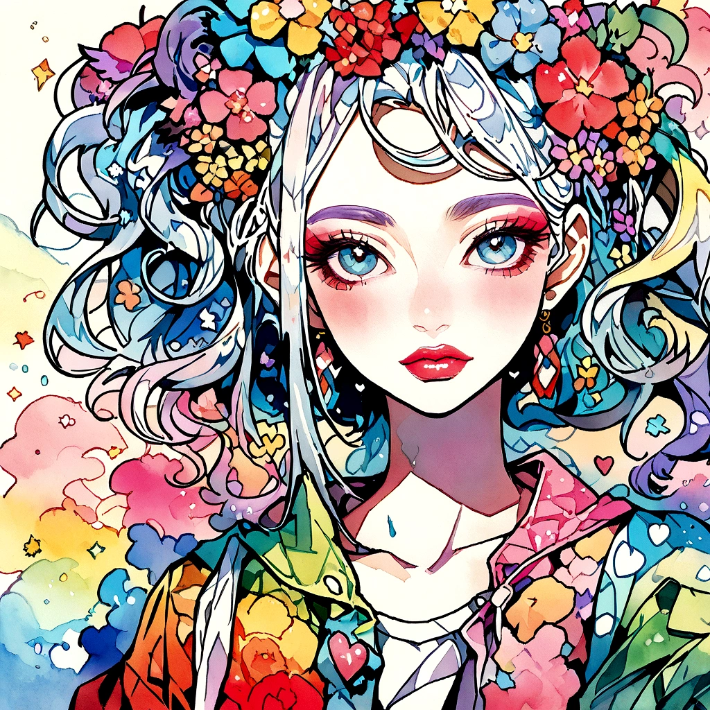 Mai Yoneyama Style、(((stylish fashion))), 8K Quality、Intense watercolor, Detailed watercolor art, Watercolor splash, Surreal, avant-garde pop art, Beautiful and expressive paintings, Beautiful artwork illustration, Very colorful tones, wonderful, Cool beauty, highest quality、Official Art, Vector art, Stylish design, (((The most beautiful girl))), (((highest quality))), HDR, ((detailed)), (((Doodle Art)), ((masterpiece)), ((Super detailed)), (((Colorful flowers))),(((Stylish))), Lips in love