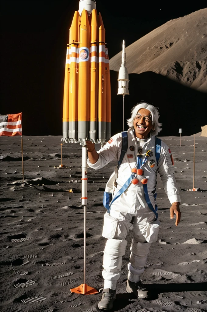 Dr. APJ abdul kalam laughing and standing on moon with rocket and indian flag