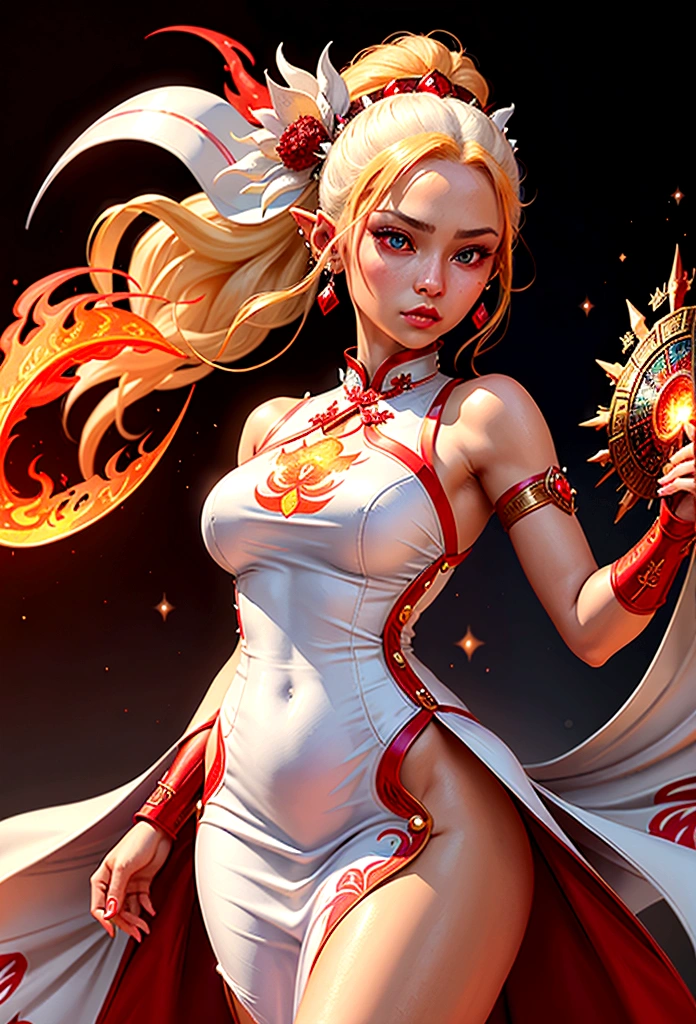 high details, best quality, 16k, [ultra detailed], masterpiece, best quality, (extremely detailed), full body, ultra wide shot, photorealistic, fantasy art, dnd art, rpg art, realistic art, an ultra wide picture of a female elf (intricate details, wearing fiery (white Cheongsam studded with red diamonds: 1.5), Masterpiece, best quality: 1.5) goddess of fire ((fiery radiant aura)), controlling a swirling red fire, fiery red radiant magic (1.5 intricate details, Masterpiece, best quality), manipulating purple radiant magical symbols, [[divine symbols]] (intricate details, Masterpiece, best quality: 1.5), elf female, (blond hair: 1.3), long hair, hair with aura, with red radiant eyes, intense eyes, (( red glowing eyes: 1.3)), she wears Cheongsam with fiery patterns, (the fire leaps from the  patterns on Cheongsam into live fire: 1.3), fantasy volcano back ground, streams of lava, celestial background, ((divine worship atmosphere)), high details, best quality, highres, ultra wide angle, faize, diam0nd, fire storm