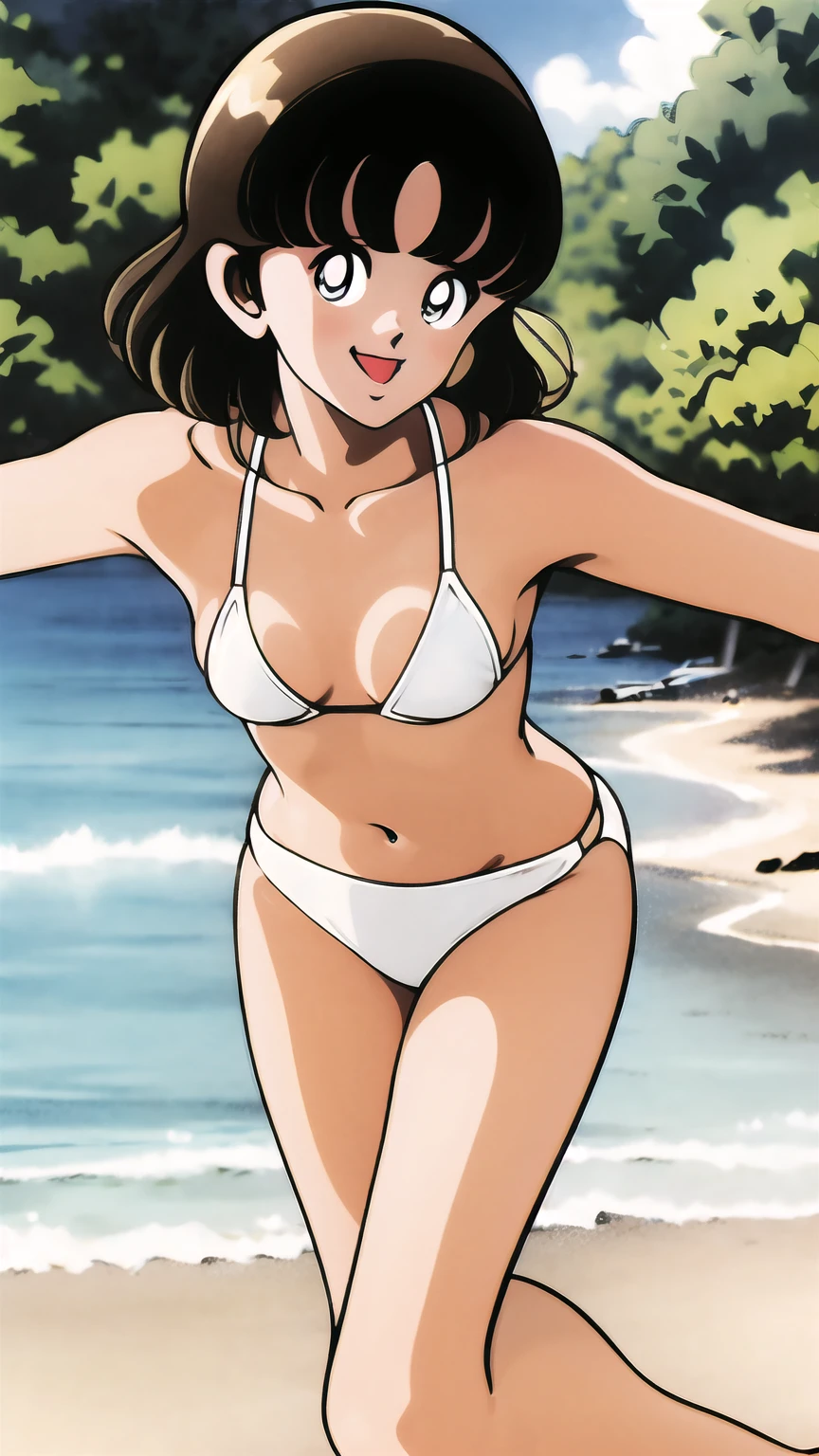 ((((character:asakura minami:1.4)))),((masterpiece)),((highest quality)),Super detailed,(thin entire outline),enlightenment,explicit,1girl,solo,black hair,medium hair,black eyes,small nose,perfect body,beautiful body,beautiful character design,perfect eyes,perfect face,((happy smile)),small open mouth,(enjoy,having fun:1.2),perspiration,wallpaper,ultra high resolution,8k,photo shoot,(beautiful medium breast:1.2),beautiful legs,perfect feet,beautiful skin,fair skin,smooth skin,official style,official art,make a screen cap,outdoor,((summer beach)),sunshine,bright lighting,(white micro bikinis),(split legs:1.2),peace sign,