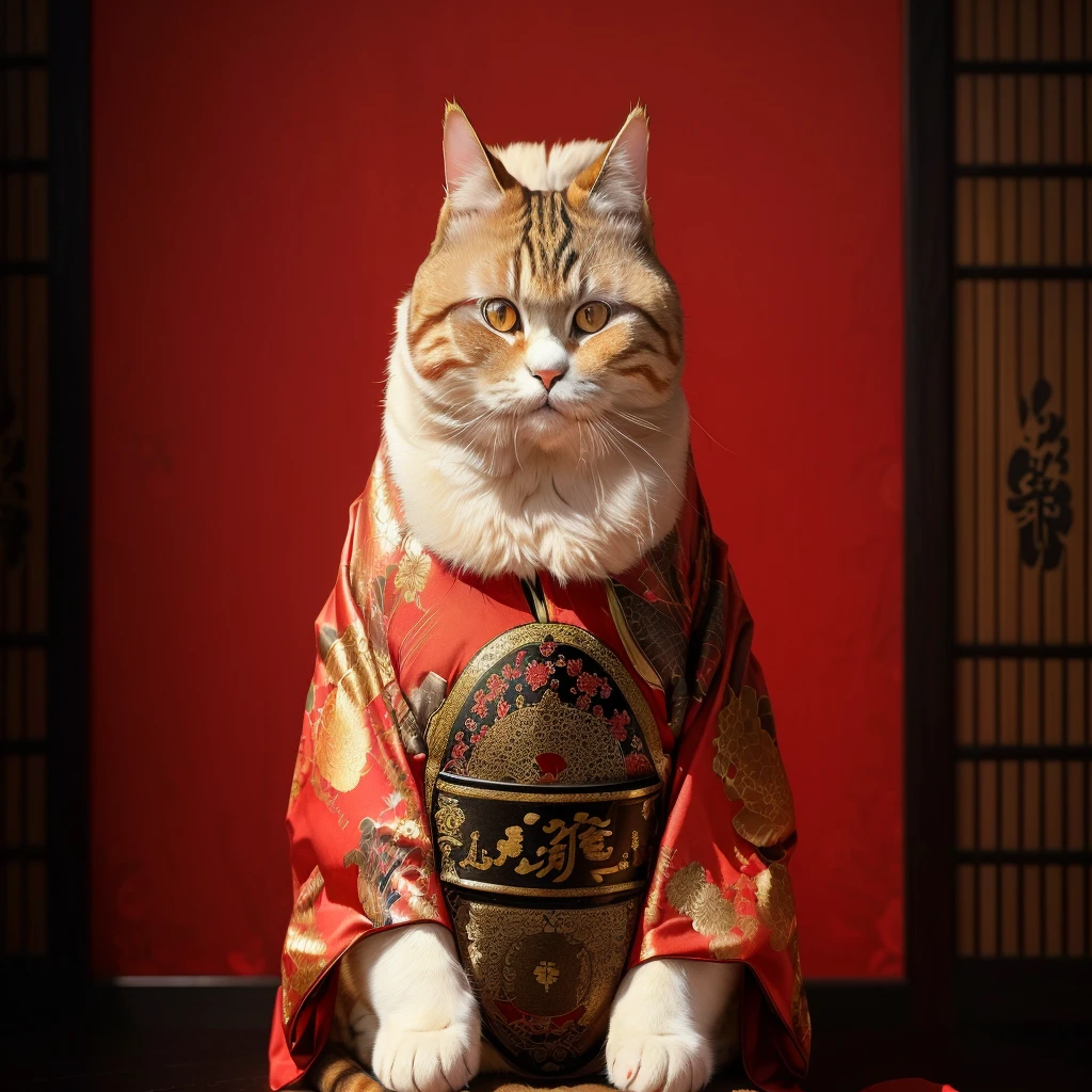 Alafe cat in kimono sitting on the table, Samurai Cat, Fat Cat, Exotic Shorthair, Dress up as an emperor, Elegant cat, Japanese mascot, Wearing red cheongsam, Wearing royal kimono, Wearing ancient Chinese clothes, Big Mouth Cat, Photo of a cat, on a red plate, Cat Photos, Wearing Chinese clothing