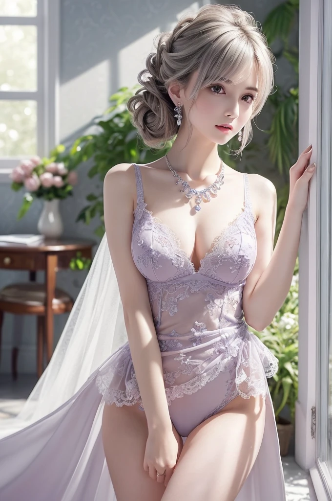 purple lace thong&Good, (((Very elegant and beautiful, Perfect detail, Super detailed))), whole body, The most detailed girl, Depth of written boundary, 美しく詳細なwhole body, Thin legs, 1 girl, 30 years old, Very short hair, Spiked Hair, Gray and silver hair, Beautiful detailed hair, Perfect Face, Expressionless, Beautifully detailed deep eyes, Open your mouth a little, Delicate arms and hands, Pale skin, Earrings, Beautiful and gorgeous necklace, Colorful background, HD background, Blurred Background, Very delicate and beautiful, Masterpiece, (((Highest quality, Very beautiful 8K CG wallpaper))), (((Trendy hairstyles))), (Inside the room,Stylish interior,window),