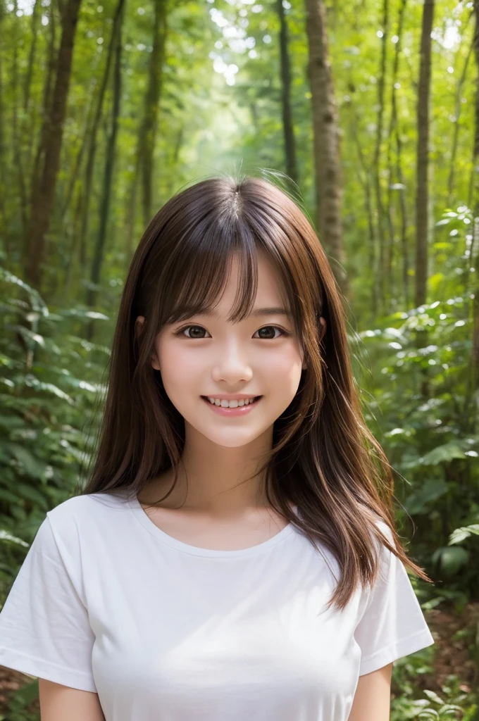 ((Highest quality)), ((masterpiece)), (detailed), One girl, White T-shirt, in the forest,Cute,smile,Mature,Fresh,Hollow eyes,Long Hair,Layer Styles,Thick lips