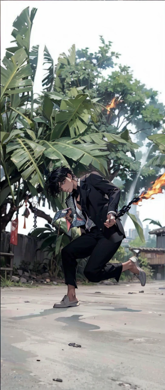 (masterpiece, best quality, highres, ultra-detailed), 1man, male focus, spiky black hair, grey eyes, handsome, detailed eyes and face, male body, earrings, ear piercing, unbuttoned black blazer, white shirt, trousers, bare collarbones, chain necklace, city slums background, by amano akira, full body, cigarette, cigarette smoke, guy smoking,1guy, masterpiece